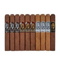 AJ Fernandez Man O' War Box-Pressed Cigar Sampler 10Ct, assortment of box-pressed cigars with colorful and detailed banding, arranged in a row.