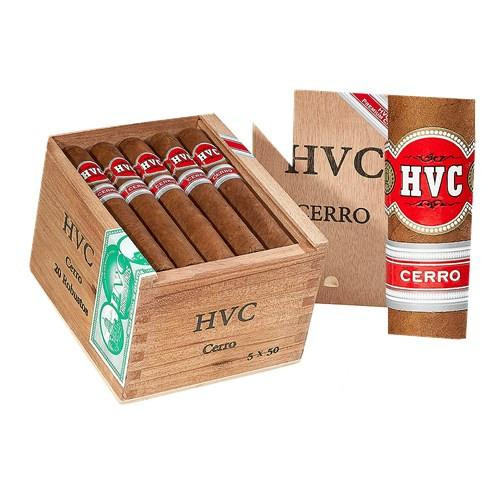 HVC Cerro Natural Robusto Cigars 20Ct. Box, a wooden cigar box containing 20 cigars with red and white bands, next to a cylindrical cuban cigar with HVC Cerro branding.