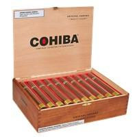 General Cigar Cohiba Red Dot Corona Crystal Cigars 20Ct. Box, open wooden box displaying 20 cigars with red and gold bands arranged in two rows