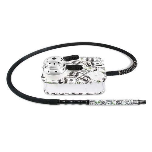 RIP Boxx Acrylic Tabletop Hookah with LED Ballerz, featuring a clear acrylic body decorated with dollar bill patterns, a metal bowl, and a flexible hose with matching dollar bill design, ideal for stylish smoking sessions.