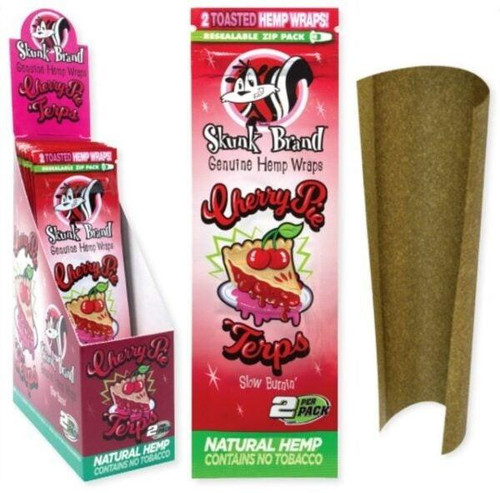 SKUNK Terpene Infused Hemp Wraps Cherry Pie, package of natural hemp hemp wraps with cherry pie flavor, infused with terpenes, resealable zip pack, and a hemp wrap rolled for use.