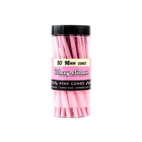 Blazy Susan 98Mm Pre-Roll Cone 50Ct Jar, pink colored pre-rolled cones in a clear plastic jar with a black lid display. The label highlights the product features and quantity.