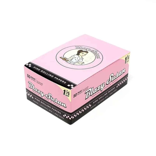Blazy Susan 1 1/4 Rolling Papers 50Ct Box, pink packaging with a cartoon girl illustration and product details.