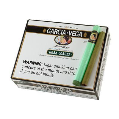 Swedish Match Garcia Y Vega Gran Coronas Cigars 30Ct.Box, image showing a box of cigars with a green cigar placed on top, branding and warning label visible.