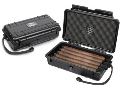 PK Guardsman Travel Humidor 5 Count, black portable humidor case with foam-lined interior holding cigars.