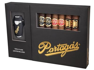 Partagas Cigar Sampler 6Ct with Torch Lighter, Premium cigar assortment in a black gift box with a built-in lighter and window display of cigars.