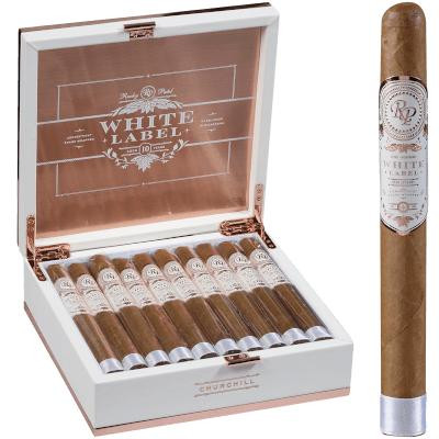 Rocky Patel White Label Cigars, a box of premium cigars with a single cigar shown outside, featuring white labels with gold and black accents.