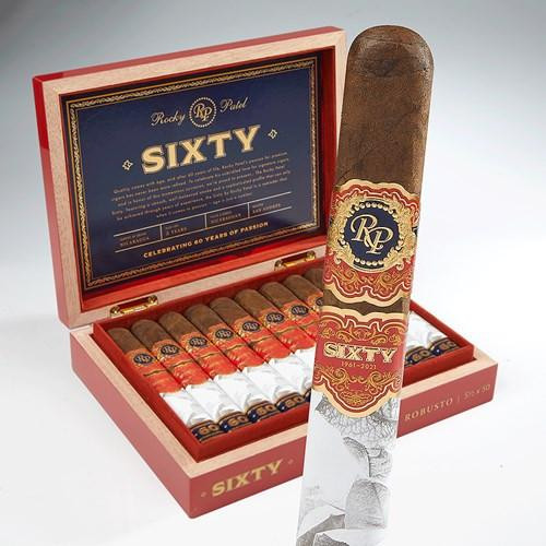 Rocky Patel Sixty Cigars, a box of premium cigars with one cigar standing upright showcasing its band and wrapper.