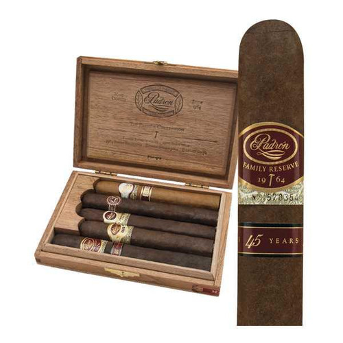Padron Cigars Collection Maduro Sampler 5Ct, open wooden cigar box containing five cigars with one cigar displayed outside, showcasing the dark Maduro wrapper.