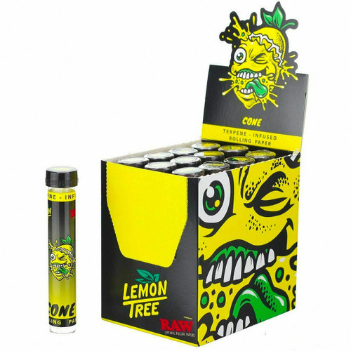 RAW Lemon Tree Terpene Enhanced King Size Cones 12ct, colorful display box with graphic lemon and leaf design, containing pre-rolled cones infused with lemon terpene flavor in a black and yellow packaging style.