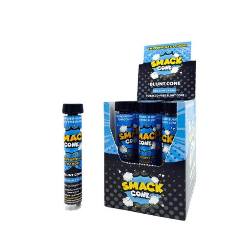 Futurola Smack Wraps Terpene Infused Cones Russian Cream - 12ct, a box of infused rolling cones with blue and black packaging with cloud and smoke graphics.