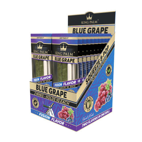 King Palm Wraps King Palm Blue Grape Minis Rolls 20/2Pk, display of mini rolls with blue grape flavor packaging in a store display box.