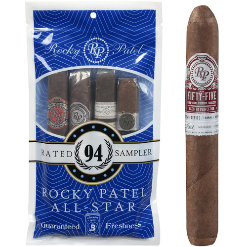 Rocky Patel All Star Toro Cigars Sampler 4 Fresh Pack, a collection of four cigars in a blue and white package with the Rocky Patel logo and rated 94, next to a single Rocky Patel Fifty-Five cigar with a red and white band.
