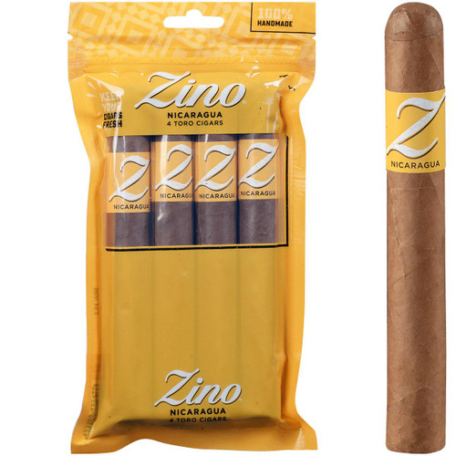 Ashton Cigars Zino Nicaragua Cigar Sampler Toro 4Ct, yellow resealable packaging containing four cigars with branded bands for Zino Nicaragua.