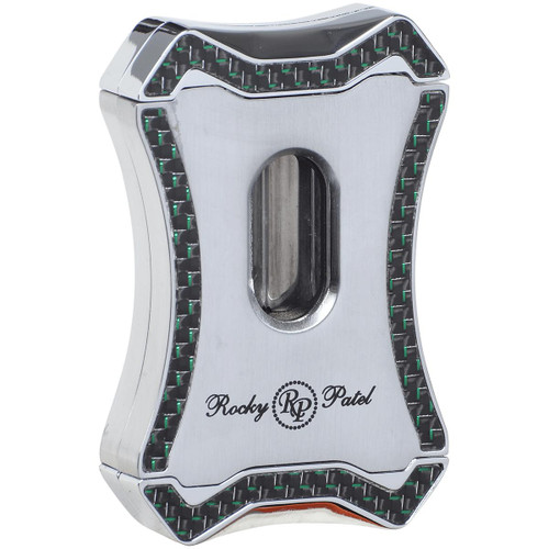 Colibri Rocky Patel Cigar Cutter Viper V Cut Series Silver and Green, close-up of a sleek metallic cigar cutting tool with green accents and the Rocky Patel logo.