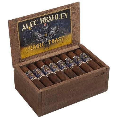 Alec Bradley Magic Toast Chunk Cigars 24Ct. Box, wooden cigar display box containing 24 cigars with blue and gold bands, open lid showcasing colorful art and branding on the inner side.