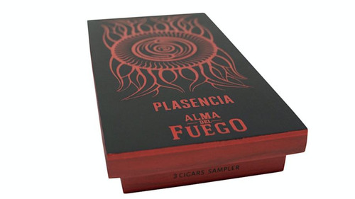 Plasencia Alma de Fuego Cigars Sampler 3ct, black and red cigar box with flame and spiral design.