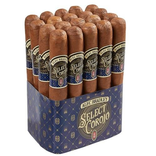 Alec Bradley Select Corojo Toro Cigars 20Ct. Pack, a box of premium cigars with 20 cigars featuring brown wrappers and black, gold, and red labels.
