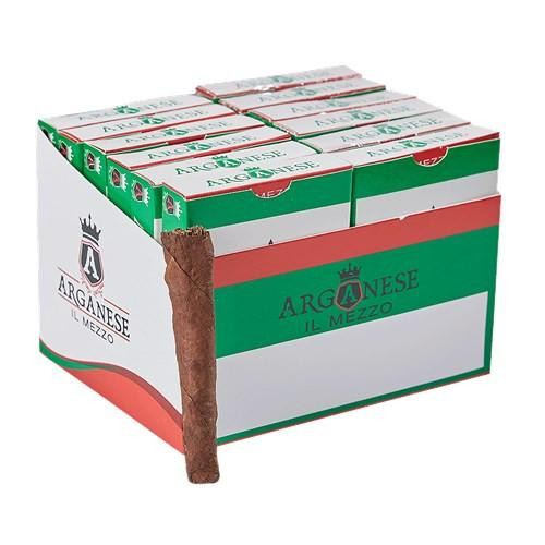 Arganese il Mezzo Cigarillos 60Ct. Box, cardboard box containing cigarillos, with green, white, and red packaging and a partially visible cigarillo sticking out.