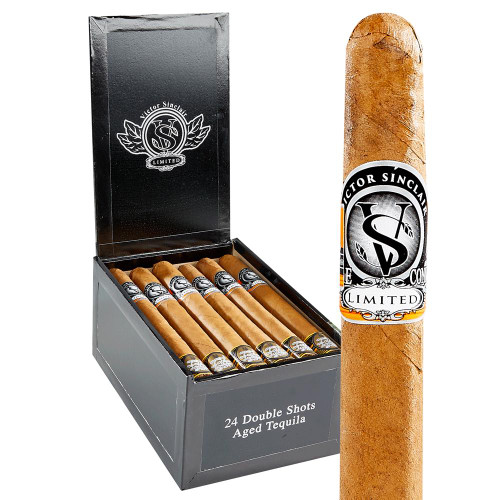 Victor Sinclair Double Shots Cigars 24Ct. Box, a pack of 24 aged tequila-flavored cigars with a close-up of one cigar showing its label.