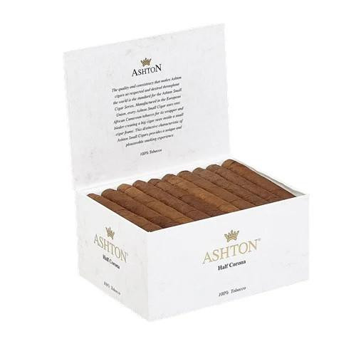 Ashton Cigars Half Corona Cigars 50Ct. Box, open white box displaying neatly arranged brown cigars.
