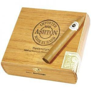 Ashton Cigars Sovereign 25Ct. Box, a wooden cigar box with the Ashton logo and a single cigar placed on top, showcasing a premium cigar packaging and presentation.