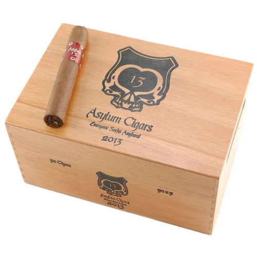 Asylum 13 Authentic Corojo Robusto Cigars 50Ct. Box, wooden cigar gift box with a single cigar resting on top of it, featuring a skull logo and branding.
