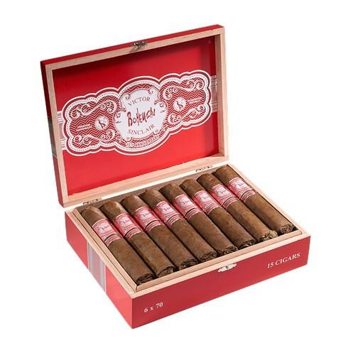 Victor Sinclair Bohemian 15th Anniversary Cigars, premium cigars in a red and white wooden box with 15 cigars arranged inside.