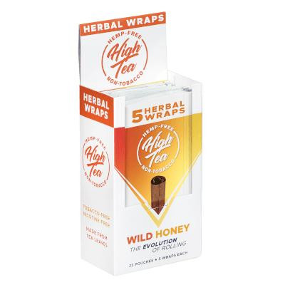 High Tea Wraps Herbal High Tea Wild Honey 25/5 Ct, packaging of herbal tea wraps with wild honey flavor displayed in a white and orange box.