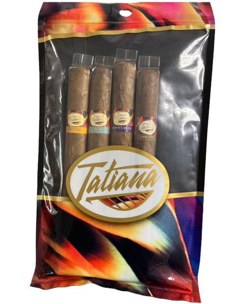 Tatiana Classic Cigars Sampler 10/4 Ct, packaged in a colorful bag with four cigars visible through a clear window.
