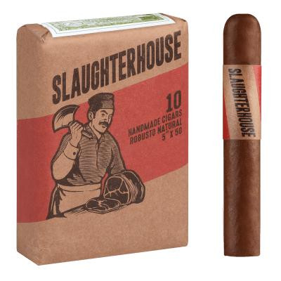Slaughterhouse Robusto Maduro Cigars 10 Ct. Bundle, packaging with an illustrated man holding a hat and a cigar.