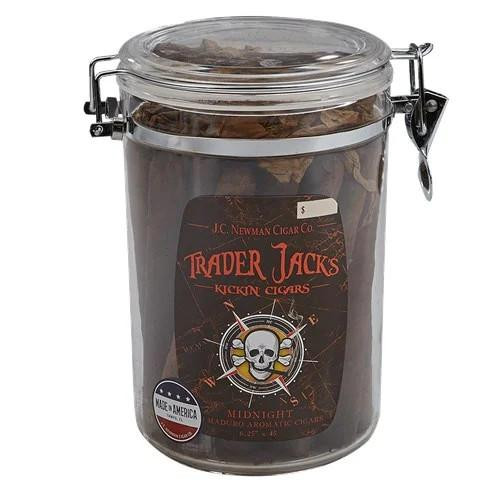 Trader Jack's Midnight Cigars, packaged in a glass jar with a metal latch and label on the front, containing Maduro aromatic cigars.