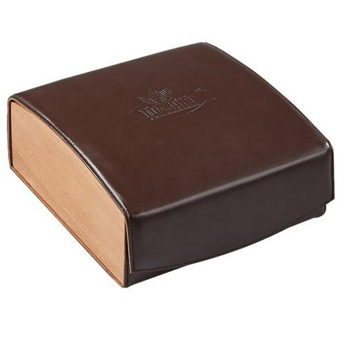 Toscano Originale Cigars, a brown leather cigar humidor with a logo embossed on the top.