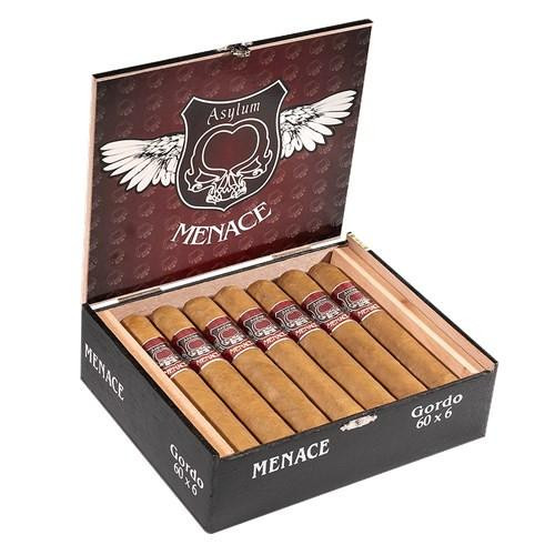 Asylum Menace Gordo Cigars 15Ct. Box, open cigar box showing 15 cigars neatly arranged with branded bands, inside a black and burgundy box with winged skull logo and product name.