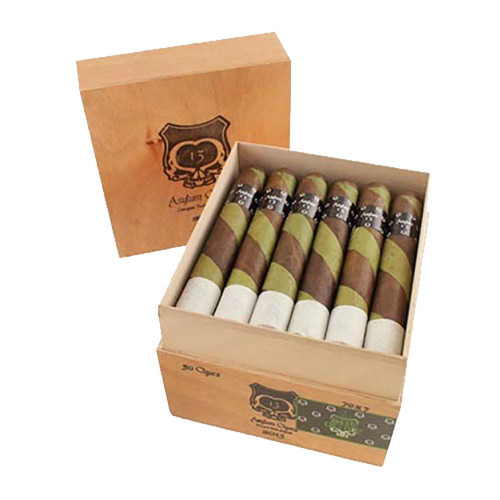 Asylum 13 Ogre 770 Cigars 30 Ct. Box, wooden cigar box containing 30 cigars with green, brown, and white wrappers neatly arranged inside.