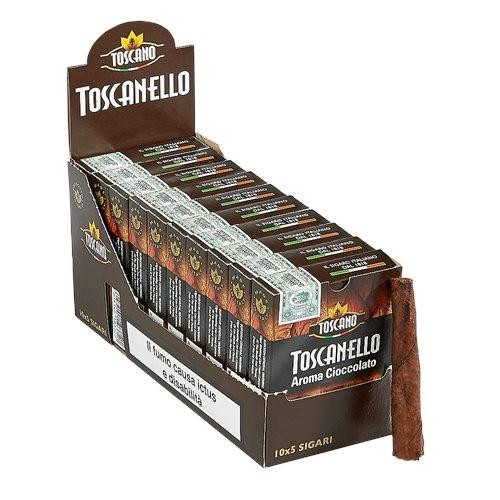 Toscanello Cigars, a display box of chocolate-flavored aroma cigars with multiple packs arranged neatly.