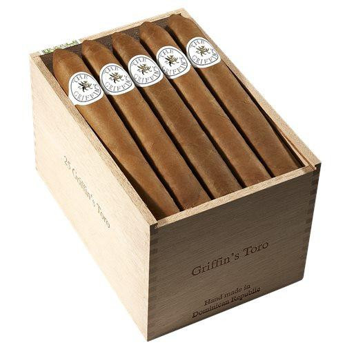 The Griffin's Cigars, five hand-rolled cigars with branded bands in a wooden box.