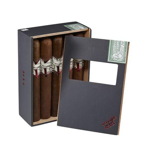 Asylum Straight Jacket Robusto Cigars 10Ct. Box, a black box with a window revealing six cigars wrapped in white, red, and black bands.