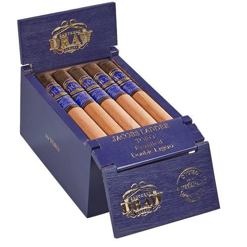 Southern Draw Jacobs Ladder Cigars, opened blue wooden box containing five cigars with brown wrappers and blue bands.