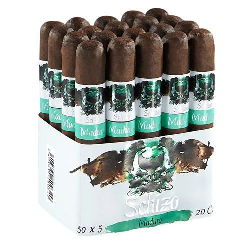 Schizo Maduro Cigars, pack of 50 cigars in a white box with green and black design, featuring images of dark brown cigars with a smooth wrap.