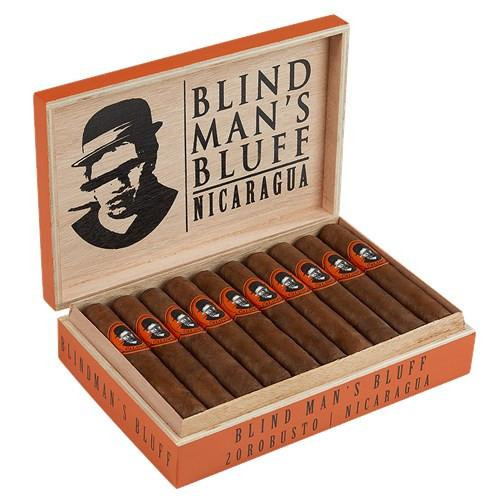 Caldwell Blind Man's Bluff Nicaragua Robusto Cigars 20Ct. Box, an open wooden cigar box containing twenty cigars with orange and black labels, featuring a logo of a man wearing a hat on the lid.
