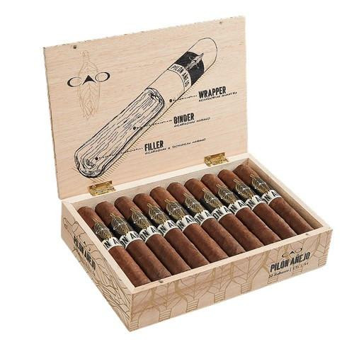 CAO Pilon Anejo Robusto Cigars 20Ct. Box, open wooden cigar box containing 20 cigars with detailed diagram of cigar parts on the inside of the lid.