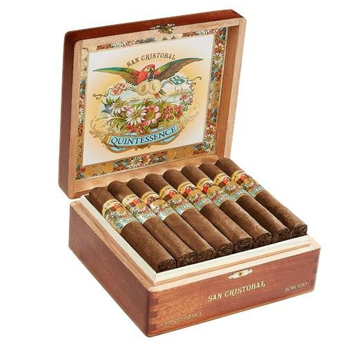 San Cristobal Quintessence Cigars, open wooden box displaying multiple cigars with ornate banding and colorful artwork inside the lid.