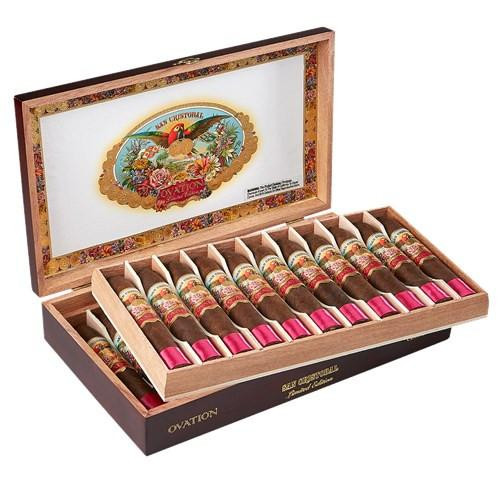 San Cristobal Ovation Cigars, Premium hand-rolled cigars in a decorative wooden box with a divider and colorful bands.