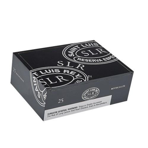 Saint Luis Rey Cigars, a black box containing 25 cigars with white and gray logo design and warning label