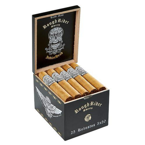 Rough Rider Sweets Cigars, a box of 25 hand-rolled cigars with decorative silver bands, arranged neatly inside a black box with skull and eagle designs.