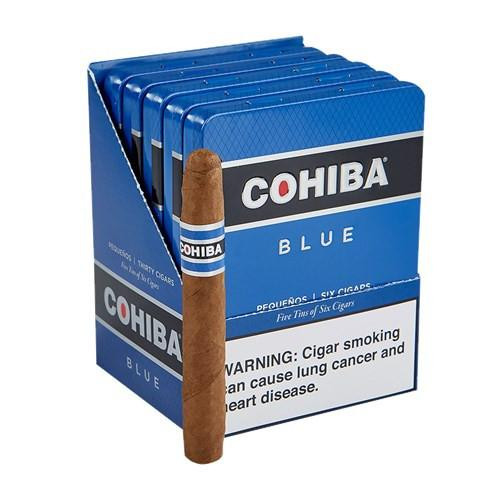 Cohiba Blue Pequeno Cigarillos 30Ct. Pack, featuring a single cigarillo next to the blue packaged box of cigarillos.