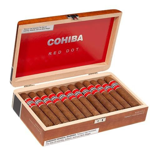 Cohiba Red Dot Robusto Cigars 25Ct. Box, open wooden cigar box displaying 25 cigars with red and white band, branded with 'Cohiba' and 'Red Dot' labels inside the lid.