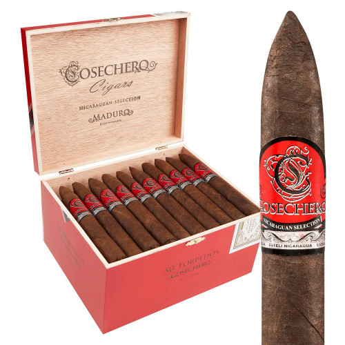 Cosechero Maduro Torpedo Cigars 50 Ct. Box, a collection of 50 Maduro Torpedo cigars with a dark brown, oily wrapper, inside a red and natural wood box with branding and cigar details.