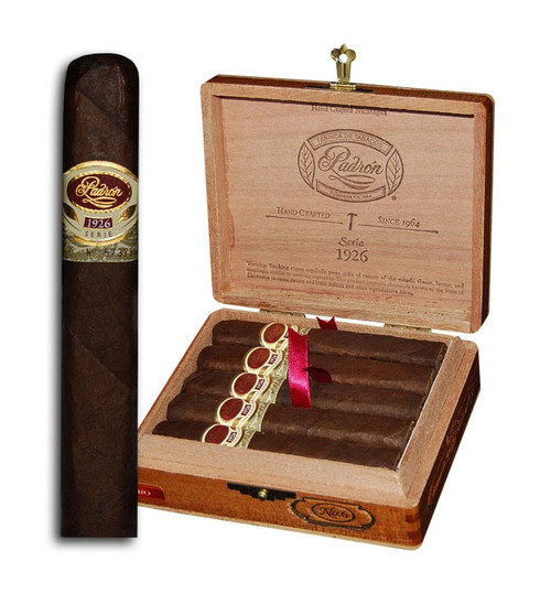 Padron 1926 Series No.6 Maduro Cigars 24Ct. Box, a wooden cigar box containing premium Maduro cigars with a single cigar positioned beside the box showing its label.